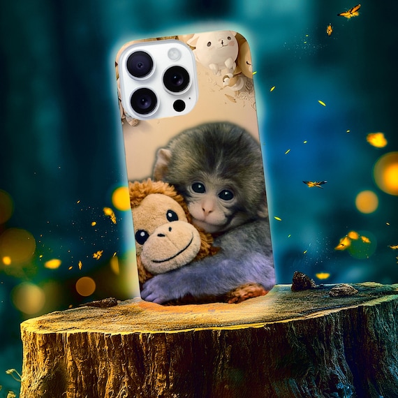 Baby Punch Monkey Hug Plush Toy Phone Case | Viral Meme Art, Realistic Fur Illustration
