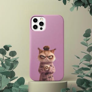 Grumpy Cat with Coffee phone case | 'I'm Not Awake Yet' lilac illustration