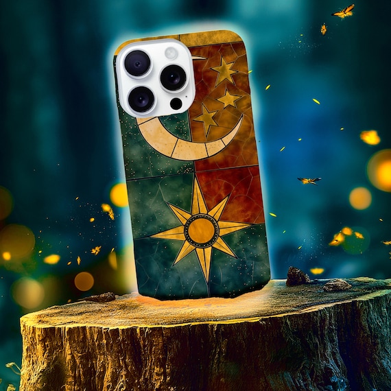 Stained Glass Moon Sun Compass Tough Cases | Emerald Crimson Mosaic Gold Embossed