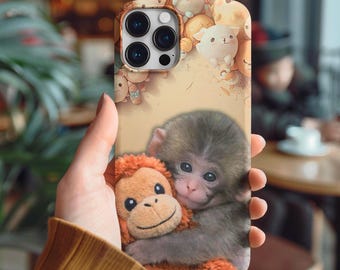 Baby Punch Monkey Hug Plush Toy Phone Case | Viral Meme Art, Realistic Fur Illustration