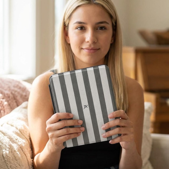 Personalized Ivory Kindle Case with Grey Vertical Stripes | Minimalist Monogram