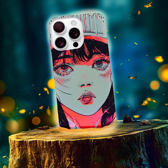 Retro Anime Portrait Tough Phone Case | Aqua Neon Pink Graphic