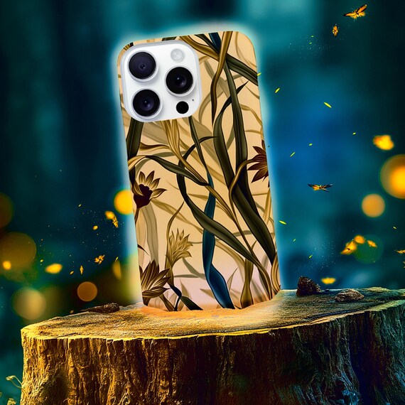 Botanical Beige Phone Case | Vintage Floral Leaf Pattern, Protective Cover