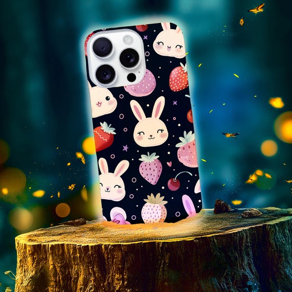 Sleepy Bunny Strawberry Cherry Pattern Phone Case | Tough Case