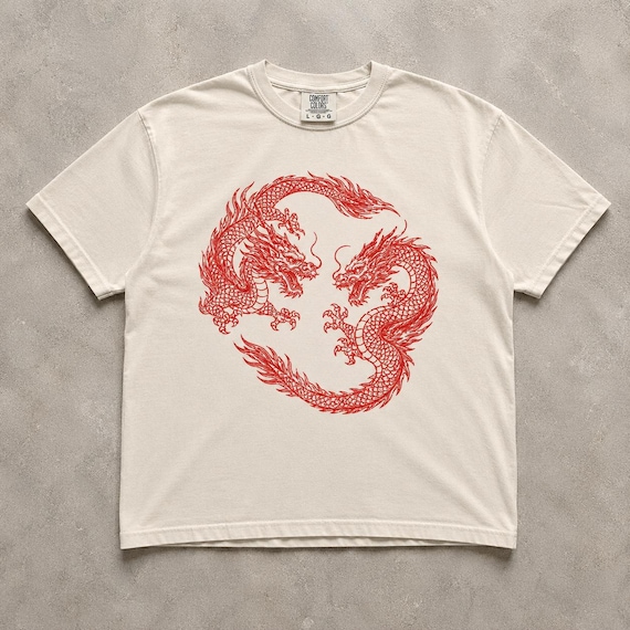 Vintage Red Dragon Shirt, Chinese Dragon Graphic Tee, Two Dragon Tshirt, Dragon Lover Gift, Asian Inspired T-shirt, Tattoo Style Dragon Tee
