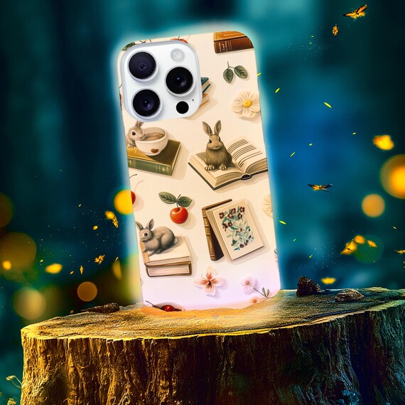 Nostalgic Library Rabbit Illustration Tough Phone Case | Books Coffee 3D Sticker Linen Texture