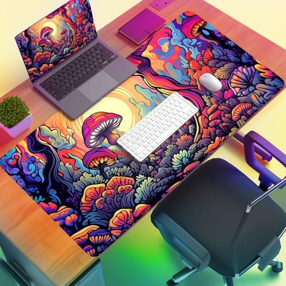 Trippy Mushroom Forest Desk Mat - Vibrant Psychedelic Mousepad XL