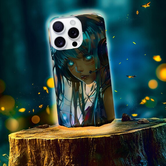Cyberpunk Anime Glowing Eyes Phone Case | Digital Portrait, Wet Effect