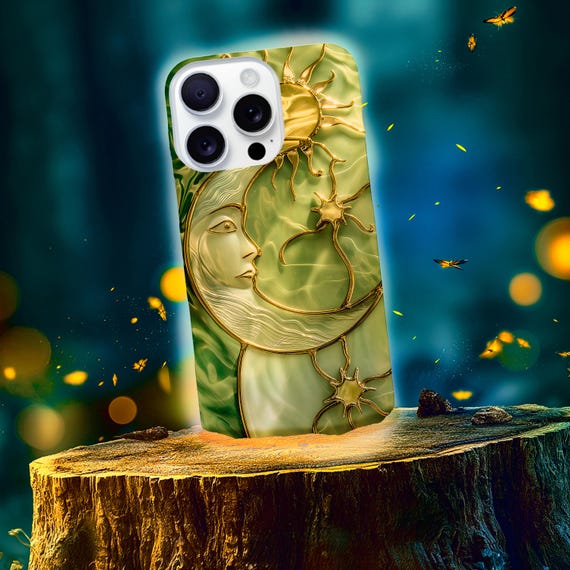 Emerald Sun and Moon Stained Glass Tough Cases | Gold Embossed 3D Finish