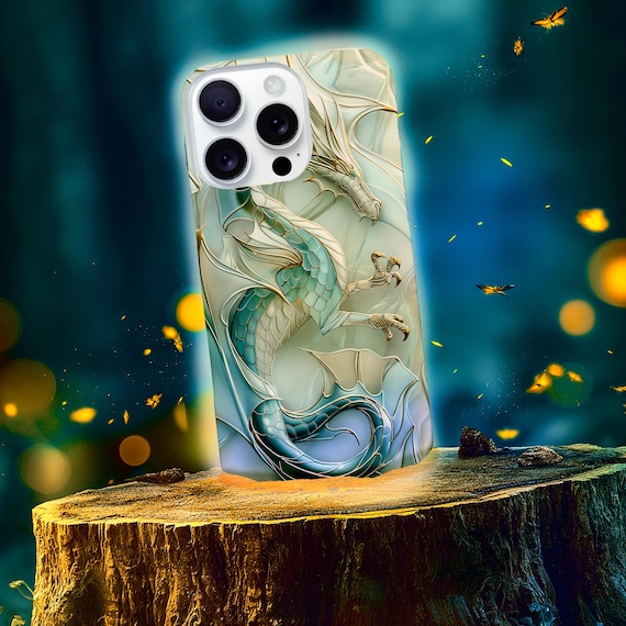 Emerald Stained Glass Dragon Tough Cases | Gold Linework, Embossed Dimensional Design