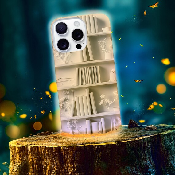 Minimal Library Claymorphism Tough Cases | Monochrome Ivory Bookshelf Art