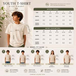 May include: A youth t-shirt size chart for Comfort Colors 9018 featuring a model wearing a beige t-shirt, detailed width, length, and sleeve length measurements in inches and centimetres, and a model fit guide for sizes XS through XL.