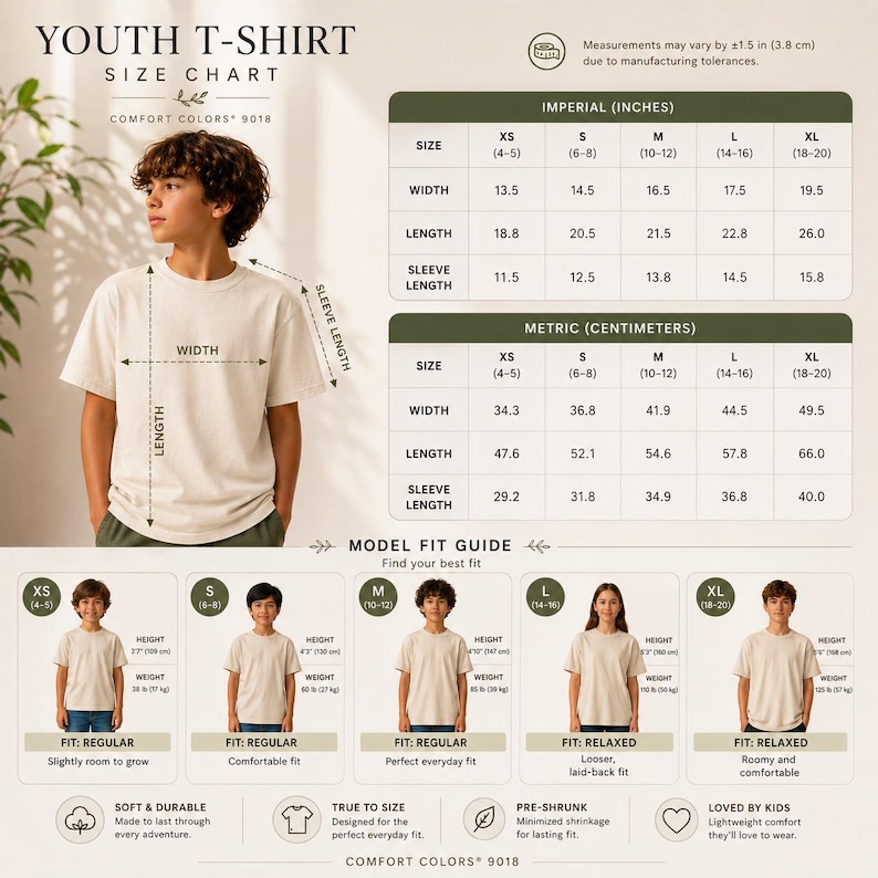 May include: A youth t-shirt size chart for Comfort Colors 9018 featuring a model wearing a beige t-shirt, detailed width, length, and sleeve length measurements in inches and centimetres, and a model fit guide for sizes XS through XL.