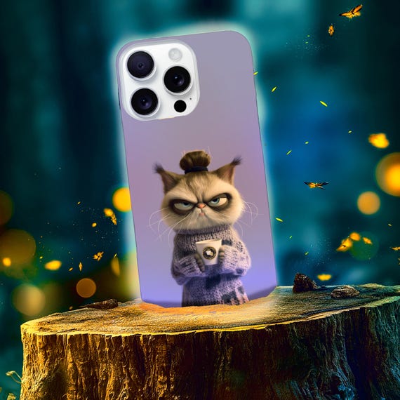 Grumpy Cat with Coffee phone case | 'I'm Not Awake Yet' lilac illustration