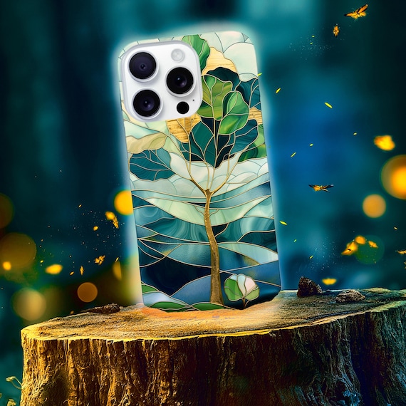 Emerald Stained Glass Tree Phone Case | Golden Mosaic Art