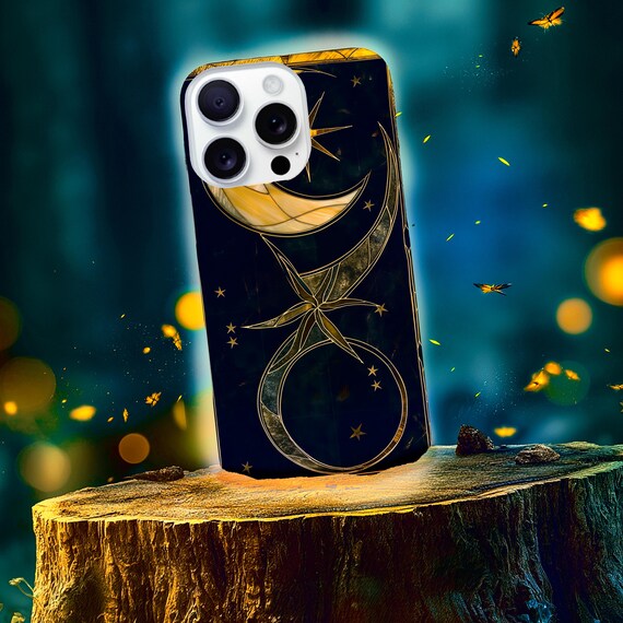 Celestial Stained Glass Crescent Moon Phone Case | Gold Starry Midnight