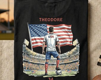 Comfort Colors® Personalized USA Soccer Tee, Custom Name Number T Shirt, Vintage Stadium Back Print Tee, Football Fan Gift,Country Pride Tee