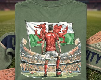 Comfort Colors® Personalized Wales Soccer Shirt, Custom Name Number T Shirt, Vintage Stadium Football Tee, Country Pride Fan Shirt