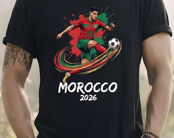 Morocco 2026 Soccer Fan Shirt, Morocco Football Supporter Tee, Red Green Sports Graphic T Shirt, Game Day Unisex Soccer Top
