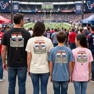 A group of people wearing custom t-shirts with a football field in the background, likely at a sports event.