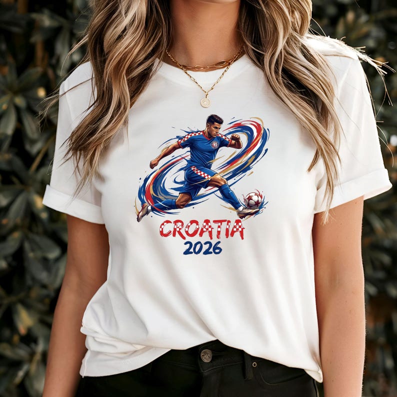 A white t-shirt with a graphic of a soccer player in action, along with the text "Croatia 2026" printed on it.