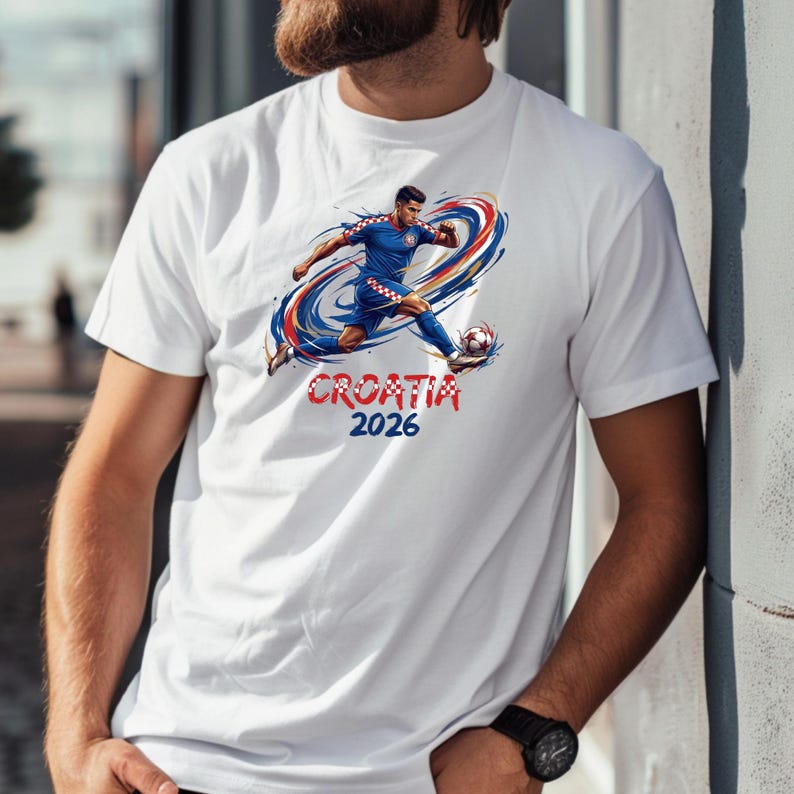 A white t-shirt with a graphic design depicting a soccer player in action, along with the text "Croatia 2026".