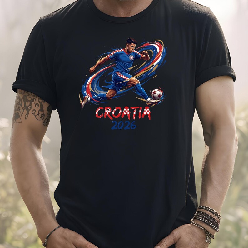 A person wearing a black t-shirt with a graphic of a soccer player kicking a ball, along with the text "Croatia 2026".