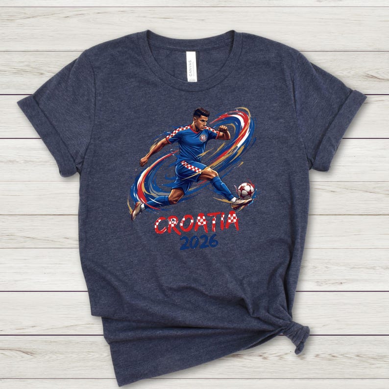 A t-shirt with a graphic design depicting a soccer player in action, along with the text "Croatia 2016" printed on it.