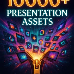 Puede incluir: Gráfico digital con el texto "10000+ PRESENTATION ASSETS" en oro y blanco. Una cremallera se abre para revelar varios iconos y gráficos, con una extensión de archivo .zip en la parte inferior. El fondo presenta una explosión de luz colorida.