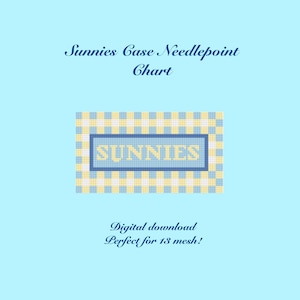May include: A digital needlepoint chart for a sunnies case. The design features the word "SUNNIES" in a blue rectangle, set against a blue and yellow gingham pattern. The background is a light blue color. Text at the bottom reads "Digital download Perfect for 18 mesh!"