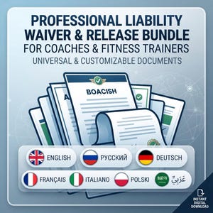 Peut inclure: Un ensemble de documents numériques intitulé PROFESSIONAL LIABILITY WAIVER & RELEASE BUNDLE FOR COACHES & FITNESS TRAINERS, montrant une pile de papiers avec le mot BOACISH et une rangée de boutons avec des drapeaux et des noms de langues.
