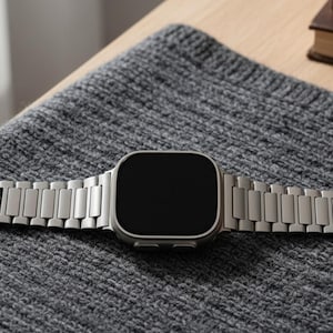 Könnte beinhalten: Eine silberne Smartwatch mit schwarzem Bildschirm und passendem Metallarmband. Die Uhr wird auf einer grauen Strickoberfläche präsentiert, die ihr schlankes Design und ihre moderne Ästhetik hervorhebt.