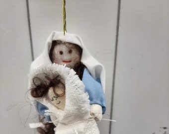Cloth Mary and Baby Jesus Ornament, Embroidered Face
