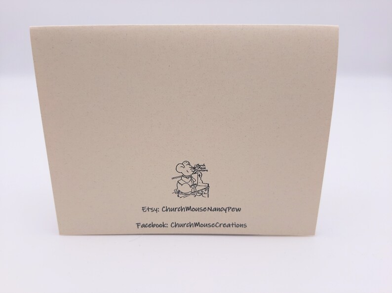 May include: A blank card with a small illustration of a mouse sitting at a desk. The card has the text "Etsy: ChurchMouseNancyPew" and "Facebook: ChurchMouseCreations" printed on the bottom.