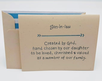 May include: A beige card with blue stripes on the left side. The card has the text "Son-in-law" and a quote that reads "Created by God, hand chosen by our daughter to be loved, cherished & valued as a member of our family."