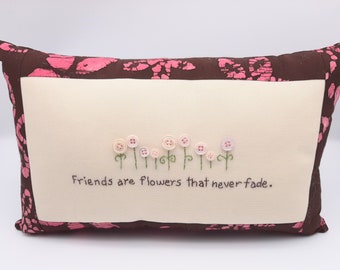 Boho Friend Pillow - Batik Fabric Pillow - Hand-embroidered pillow - Vintage Buttons Pillow - Best Friend Gift - Faithful Friends