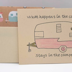 Camping card - Birthday Card for Camper - Glamping Friends Card - What Happens In... - Vintage Camping - Old Camper Card