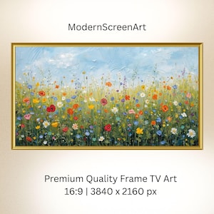 Art mural Samsung avec cadre printanier, peinture abstraite texturée de fleurs sauvages, décoration d'intérieur de ferme neutre, réunions avec zoom, papier peint, téléchargement immédiat