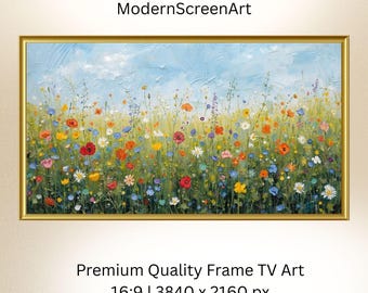 Spring Samsung Frame TV Art, Textured Abstract Wildflower Painting, Neutral Farmhouse Home Decor, Zoom Meetings, Wallpaper, Instant Download