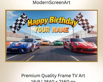 Garçon personnalisé racing anniversaire Samsung cadre TV art, joyeux anniversaire signe, course sous drapeau à damier, prêt - 6 heures, papier peint téléchargement numérique
