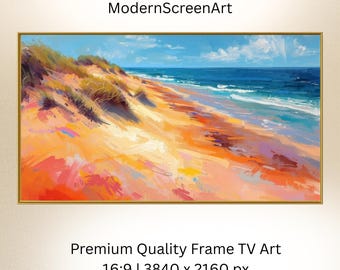 Décoration d'été pour téléviseur avec cadre Samsung, peinture de plage côtière, art abstrait océan bleu orange, peinture texturée océan, dunes, vagues de l'océan, téléchargement