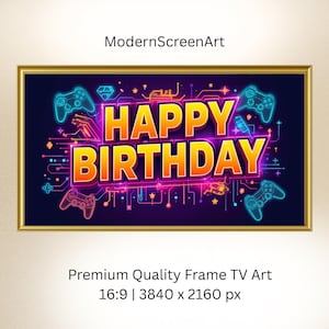 May include: A framed digital art print with a gold border. The artwork features the words "HAPPY BIRTHDAY" in yellow and orange, surrounded by neon-style game controllers and circuit board designs on a dark blue and purple background.