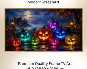 Fondo de pantalla digital para TV Samsung Frame de otoño, calabazas de Halloween, estilo vintage colorido y espeluznante.