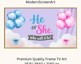 Décoration murale pour révélation du sexe de bébé : cadre photo Samsung Frame, garçon ou fille ? Décoration de baby shower violette, rose et bleue, ballons pastel, téléchargement instantané