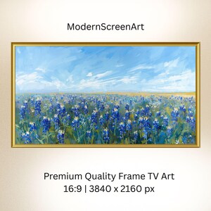 May include: A framed landscape painting featuring a field of blue flowers under a bright blue sky with white clouds. The artwork is labeled "ModernScreenArt" and "Premium Quality Frame TV Art". The aspect ratio is 16:9, with a resolution of 3840 x 2160 pixels.
