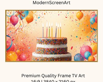 Joyeux anniversaire Art pour téléviseur avec cadre Samsung, gâteau de ballons picturaux, abstrait, signe d'anniversaire, mur, arrière-plan avec zoom, papier peint, téléchargement immédiat