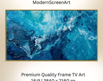 Art abstrait bleu pour téléviseur avec cadre Samsung, peinture côtière Boho moderne minimaliste empâtement, vagues de l'océan calmes et sereines, papier peint, téléchargement numérique
