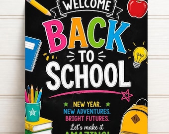 Affiche de bienvenue pour la rentrée scolaire, affiche tableau noir, porte de classe, enseignants, tableau d'affichage, couloir, cadeau pour l'association des parents d'élèves, téléchargement instantané