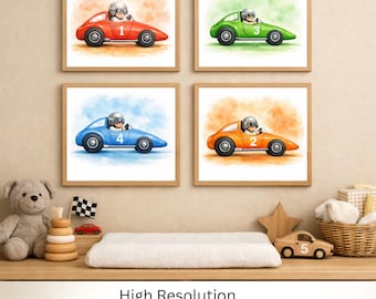 Art mural numérique imprimable pour chambre d'enfant, lot de 4 impressions de voitures de course vintage, décoration de chambre de garçon, mur aquarelle de la galerie de voiture, chambre de bébé