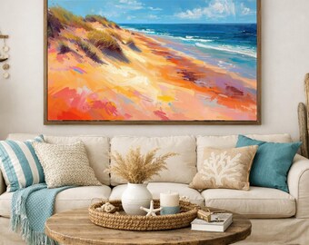 Impression d'art mural côtier bleu orange, art mural nautique, déco de plage d'été, vagues de l'océan